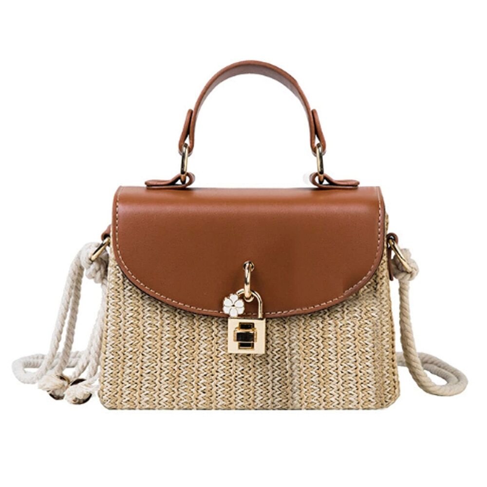 7687 Mini Lock Decoration Straw Woven Cross-body Shoulder Bag PU Leather